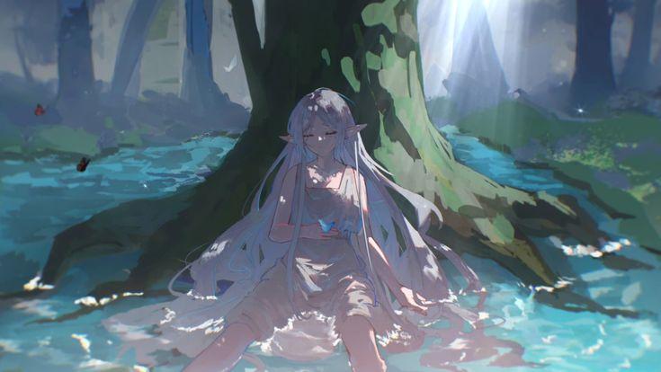 Frieren sitting alone under a tree reflecting on her memories anime art