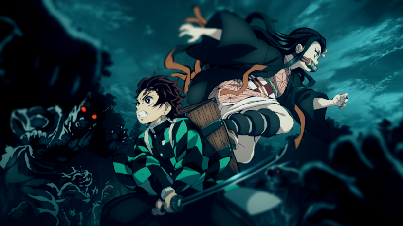 Demon Slayer Tanjiro Nezuko with sword fighting demons