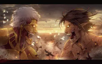 Attack on Titan Eren Yeager fighting giant titans with ODM gear
