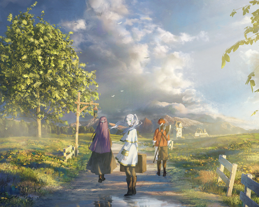 Frieren and Fern walking through a beautiful meadow with soft sunlight anime style