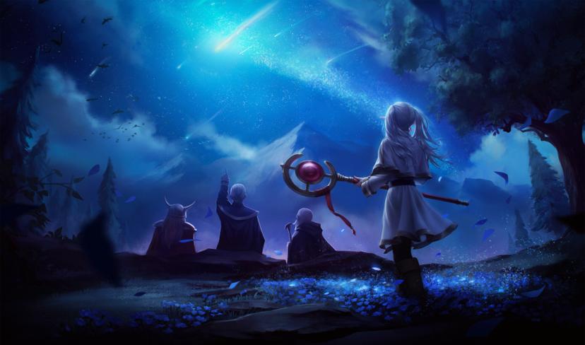 Frieren elf mage with party traveling through fantasy landscape