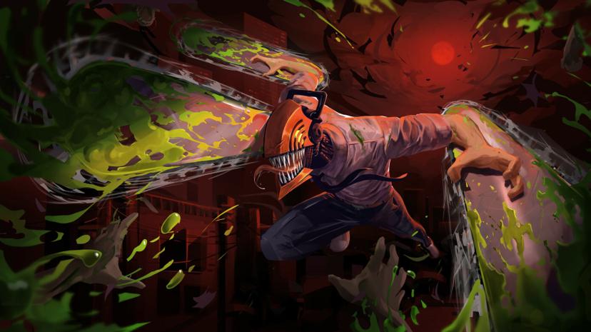 Chainsaw Man Denji transforming and fighting devils
