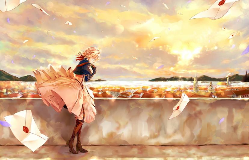 Violet Evergarden writing letters with beautiful scenery