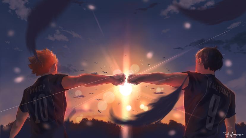 Haikyuu volleyball team Hinata and Kageyama spiking ball